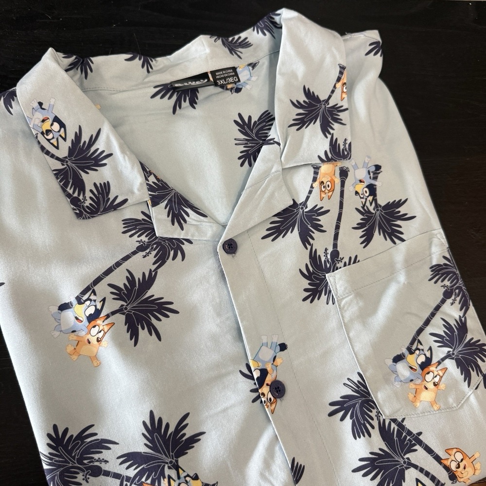 Bluey Cartoon 3XL Light Blue Hawaiian Palm Tree Camp Shirt Dog Graphic Button Up